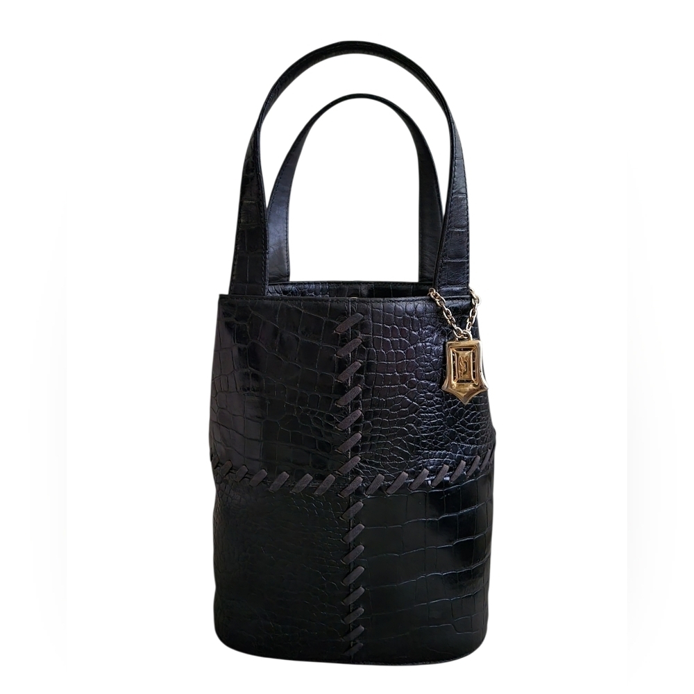 Yves Saint Laurent Black Leather Croc-Embossed Tote Bag